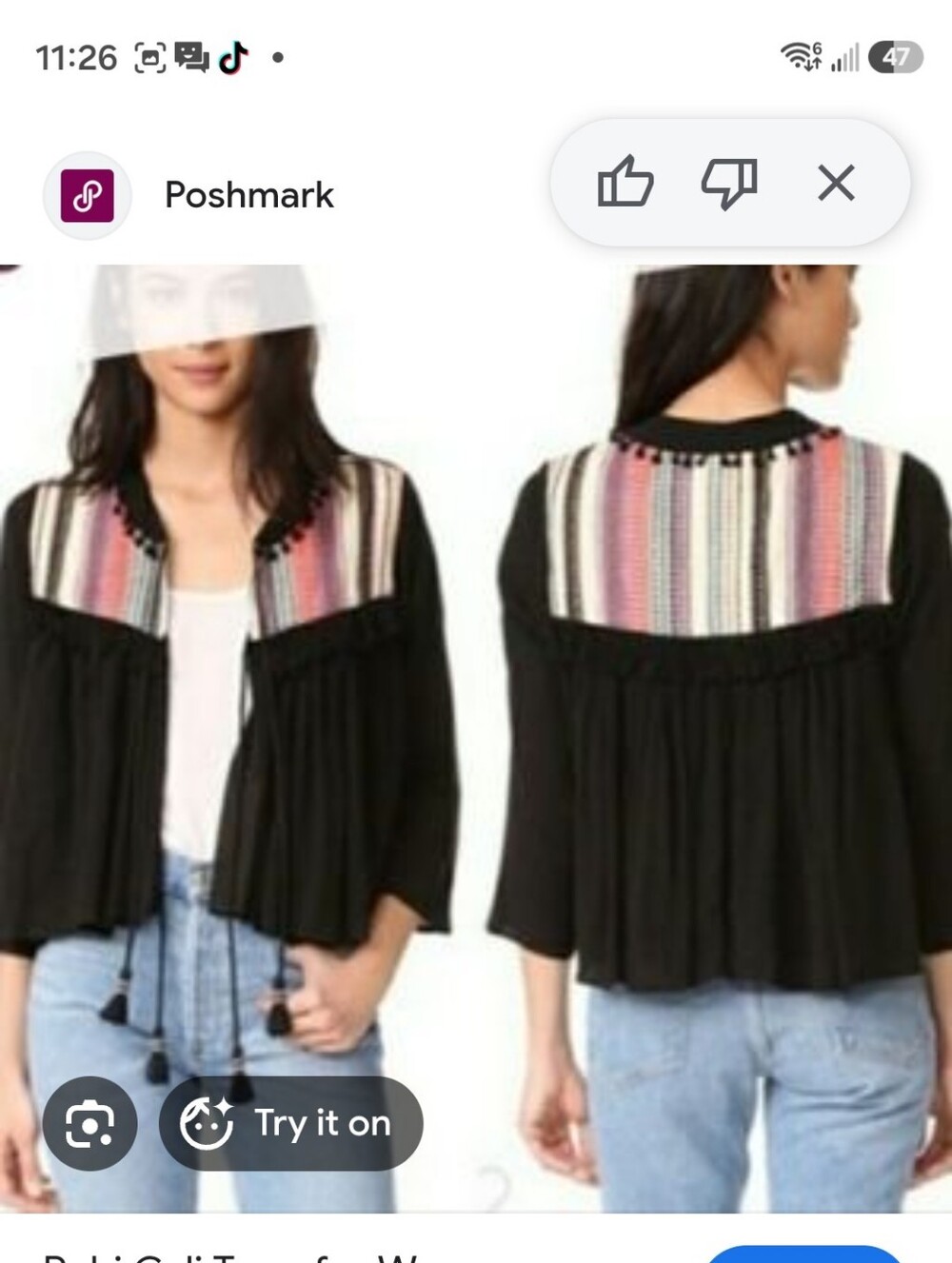Woven Yoke Black Tunic Top with Multicolor Stripe Detail By Antropologie XS